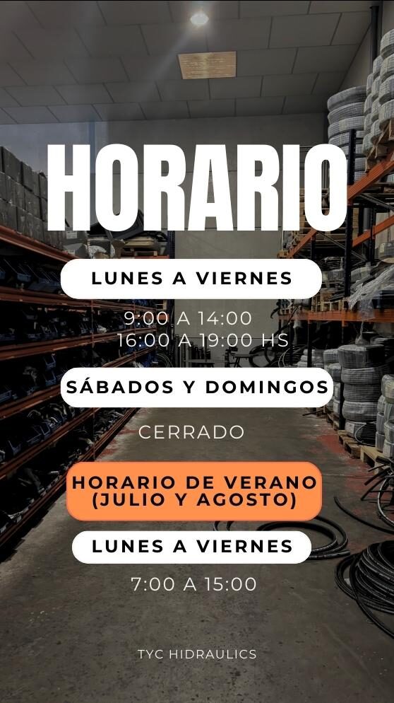 Horario tyc hidraulic de lunes a viernes de 9:00 a 14:00 y de 16:00 a 19:00, sabados y domingos cerrado, el horario de verano(julio y agosto) de lunes a viernes de 7:00 a 15:00
